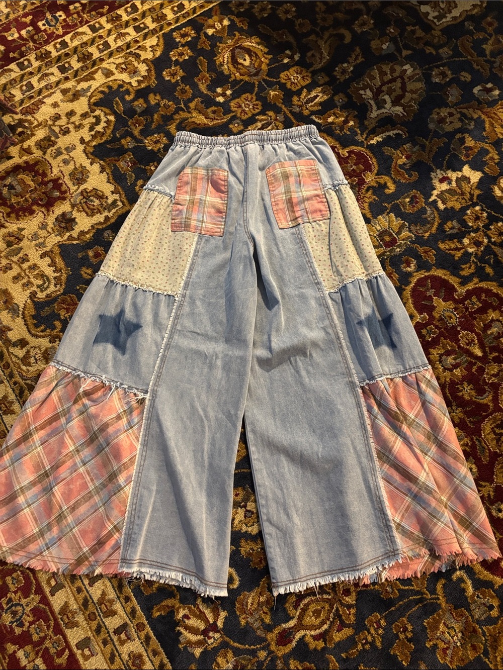 POL Wide Leg Patchwork Plaid Fringe Pants M - Picture 4 of 5